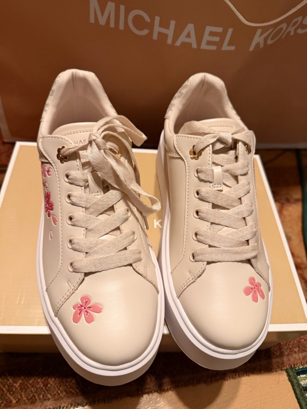 Michael Kors Cream Sneakers with Pink Floral Details NWT